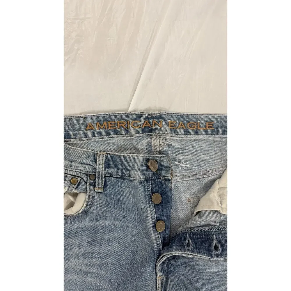 American Eagle Jeans Mens 34x34 Light Wash Boot Cut No Hem Button Fly